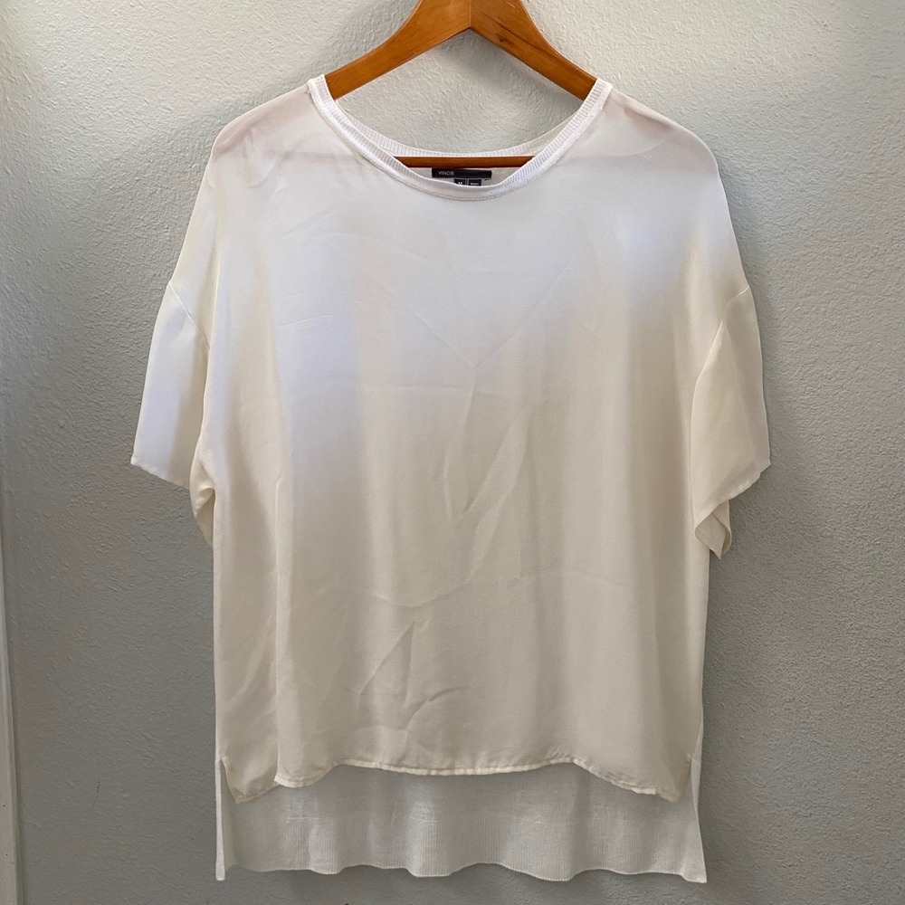 Vince Womens Mixed Media Silk Front Linen Blend Back Top Off White Medium